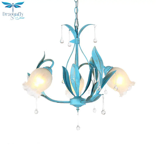 Blue Bloom Hanging Light Fixture Countryside White Prismatic Glass 3/6 Heads Restaurant Chandelier