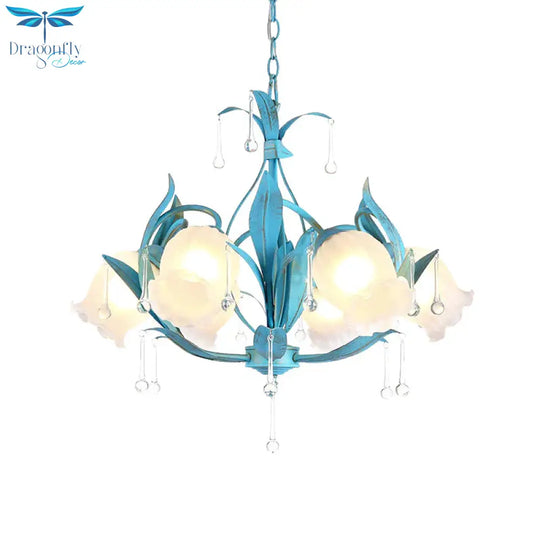 Blue Bloom Hanging Light Fixture Countryside White Prismatic Glass 3/6 Heads Restaurant Chandelier