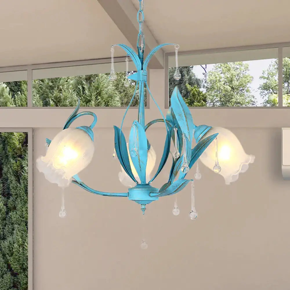 Blue Bloom Hanging Light Fixture Countryside White Prismatic Glass 3/6 Heads Restaurant Chandelier