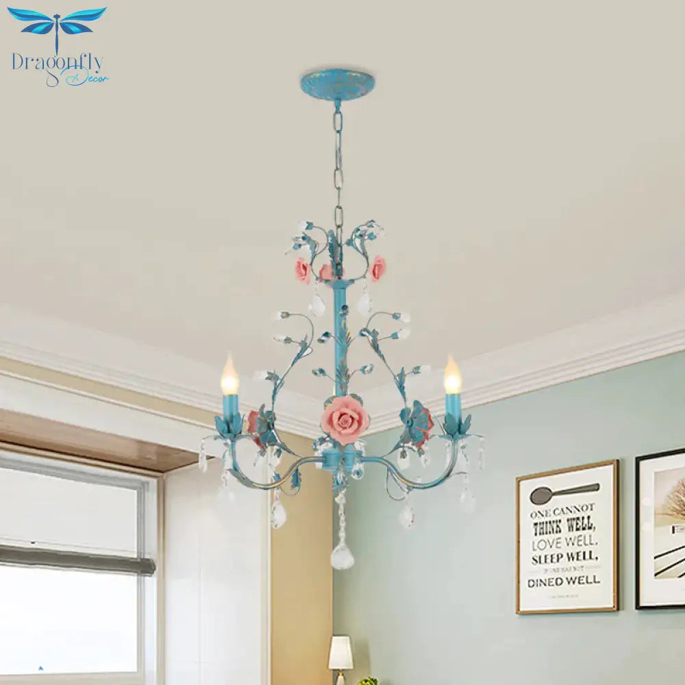 Blue Candelabra Ceiling Chandelier American Flower Iron 3/6 Heads Dining Room Pendant Light Fixture