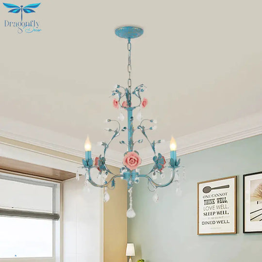 Blue Candelabra Ceiling Chandelier American Flower Iron 3/6 Heads Dining Room Pendant Light Fixture