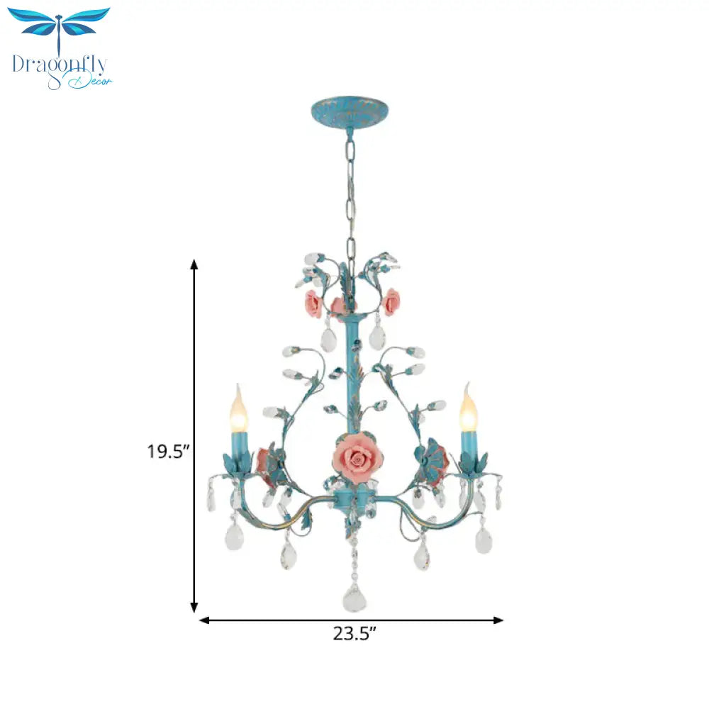 Blue Candelabra Ceiling Chandelier American Flower Iron 3/6 Heads Dining Room Pendant Light Fixture