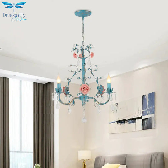 Blue Candelabra Ceiling Chandelier American Flower Iron 3/6 Heads Dining Room Pendant Light Fixture