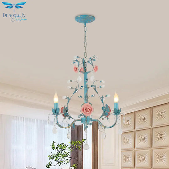 Blue Candelabra Ceiling Chandelier American Flower Iron 3/6 Heads Dining Room Pendant Light Fixture