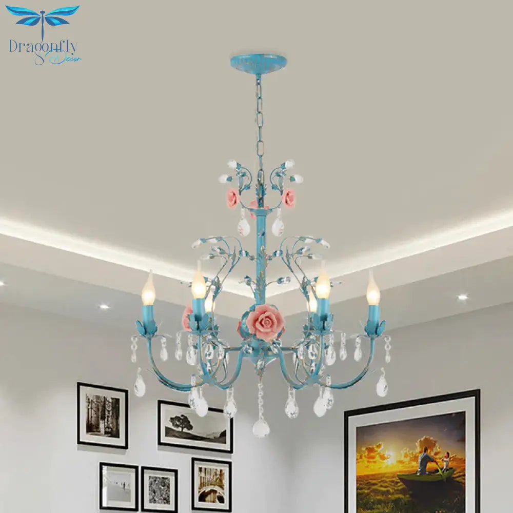 Blue Candelabra Ceiling Chandelier American Flower Iron 3/6 Heads Dining Room Pendant Light Fixture