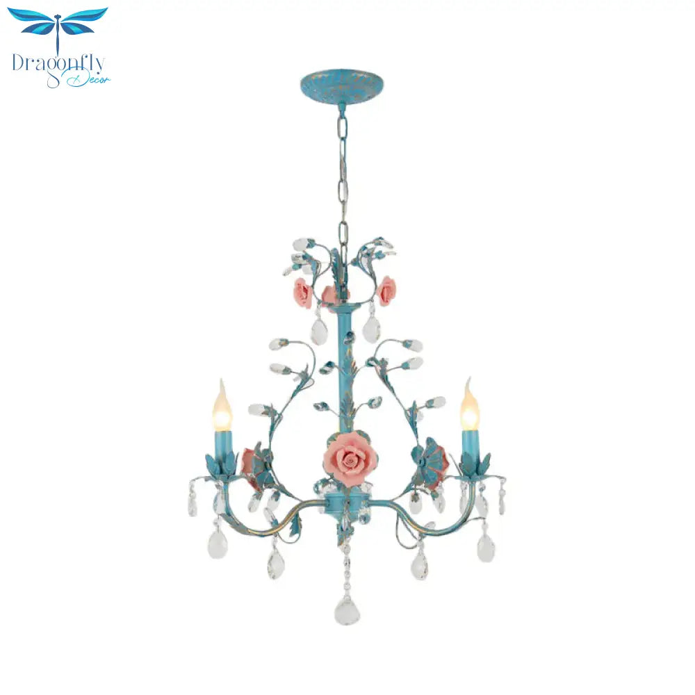 Blue Candelabra Ceiling Chandelier American Flower Iron 3/6 Heads Dining Room Pendant Light Fixture