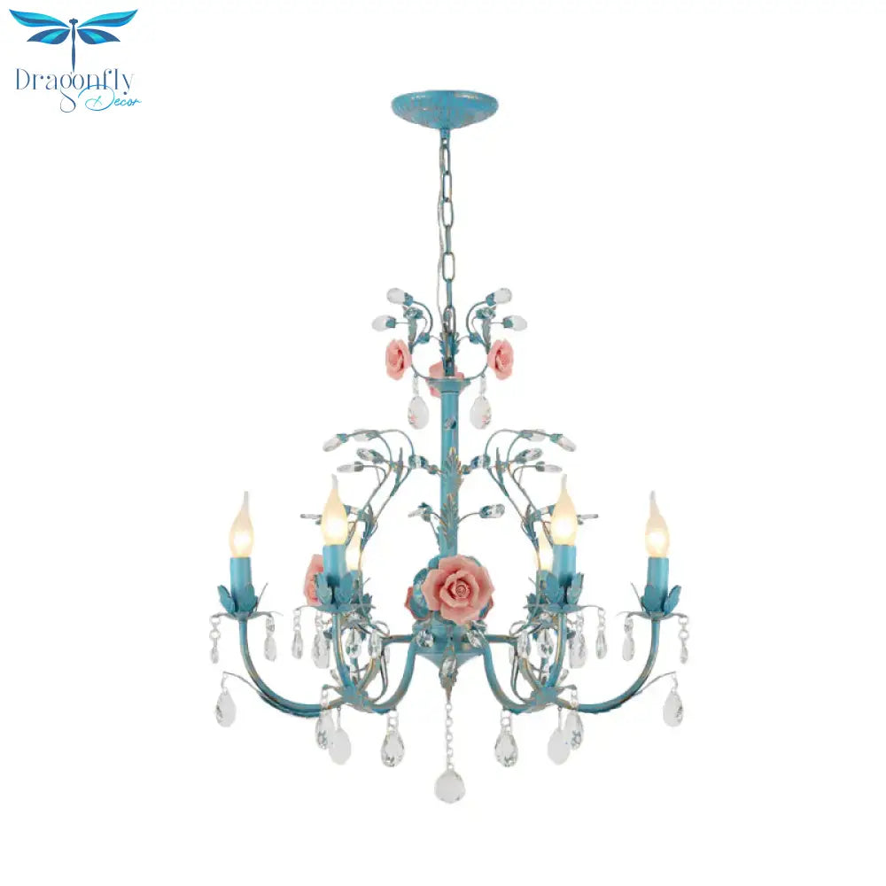 Blue Candelabra Ceiling Chandelier American Flower Iron 3/6 Heads Dining Room Pendant Light Fixture