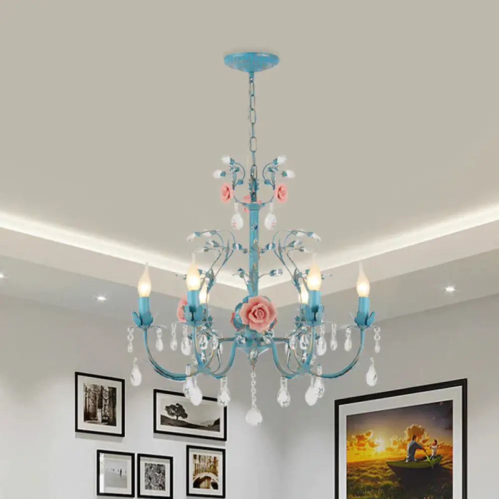 Blue Candelabra Ceiling Chandelier American Flower Iron 3/6 Heads Dining Room Pendant Light Fixture