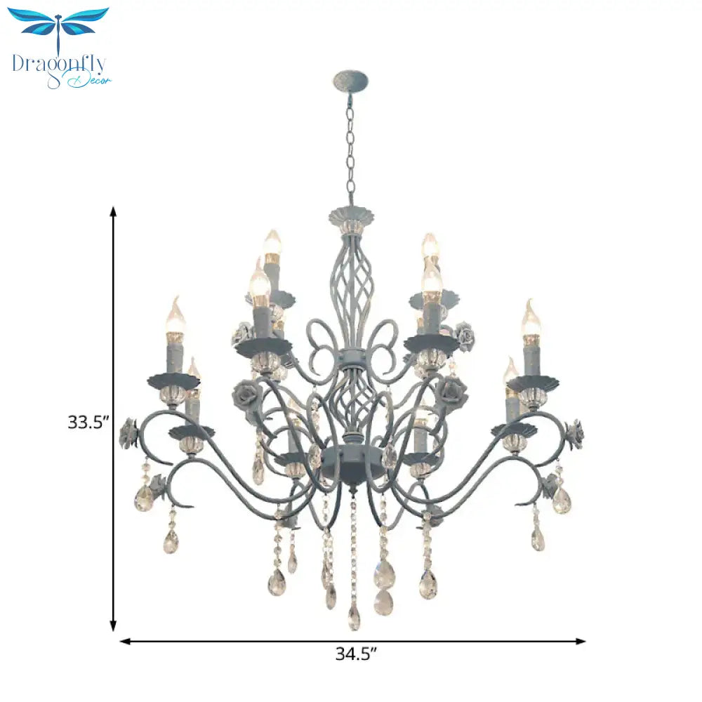 Blue Candelabra Hanging Ceiling Light Traditional Metal 12 Lights Living Room Chandelier With
