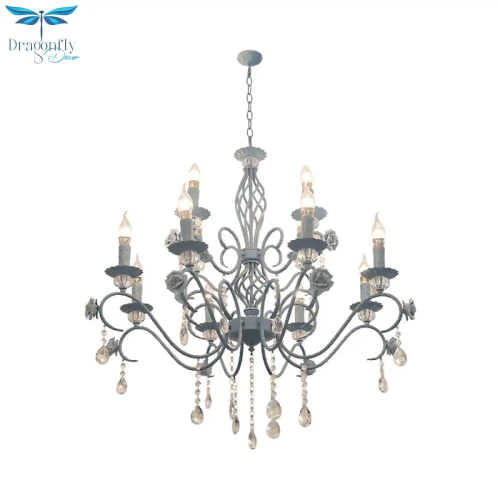 Blue Candelabra Hanging Ceiling Light Traditional Metal 12 Lights Living Room Chandelier With