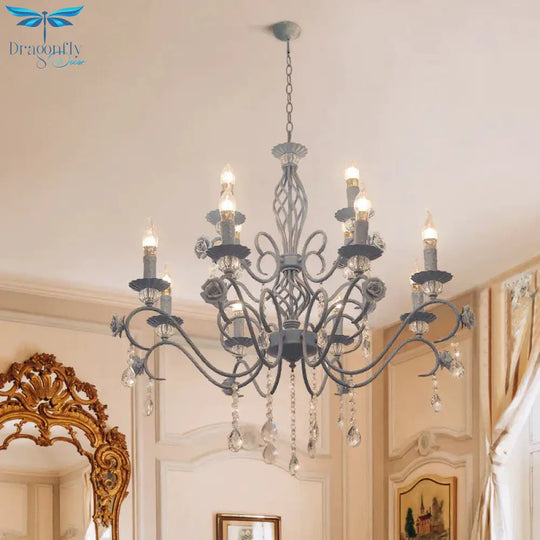 Blue Candelabra Hanging Ceiling Light Traditional Metal 12 Lights Living Room Chandelier With