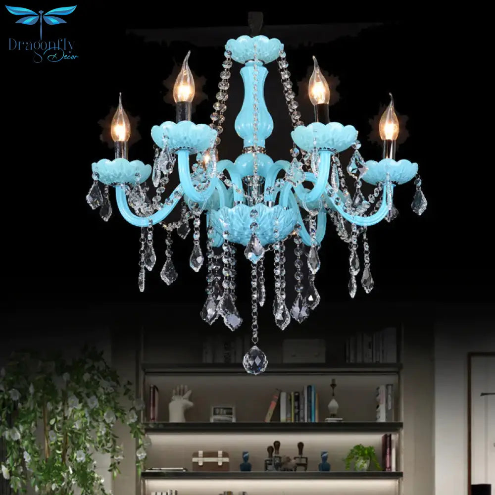 Blue Candle - Style Curved Arm Chandelier Clear Crystal Strands Ceiling Light