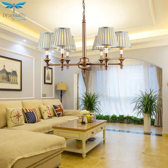 Blue Cone Pleated Shade Chandelier Light Fixture Nordic Fabric 6/8 Lights Living Room Hanging