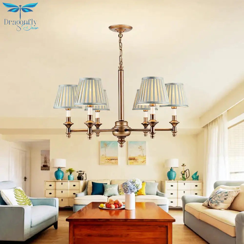 Blue Cone Pleated Shade Chandelier Light Fixture Nordic Fabric 6/8 Lights Living Room Hanging