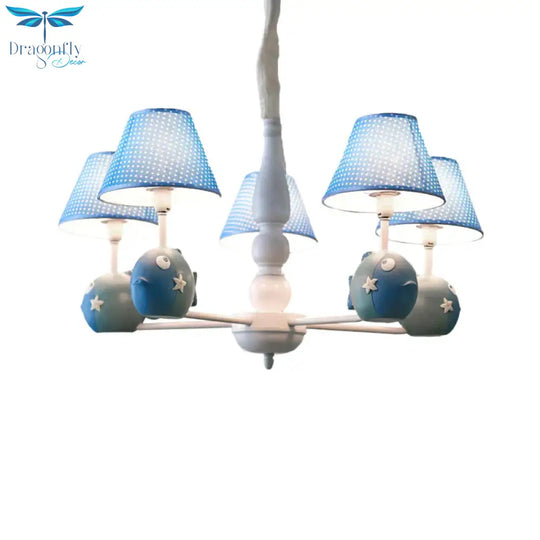 Blue Dot Shade Chandelier With Fish 5 Bulbs Modern Style Metal Hanging Light For Study Room