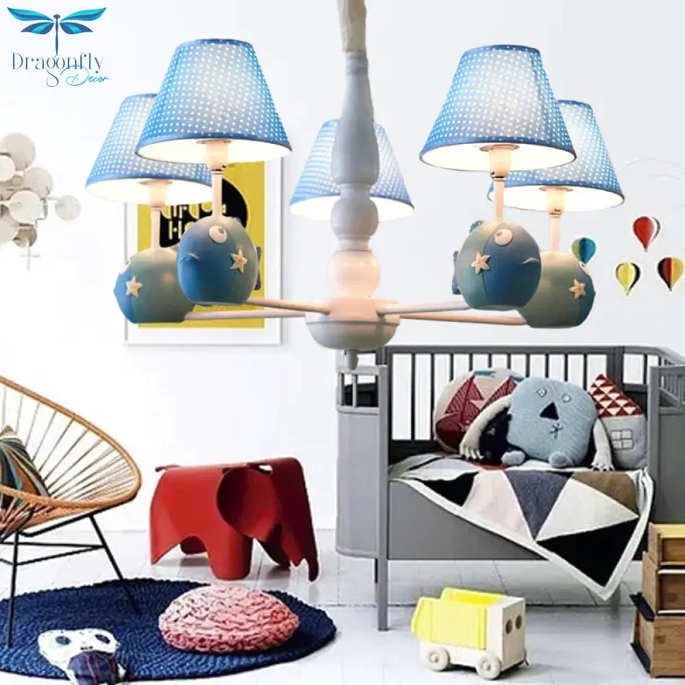 Blue Dot Shade Chandelier With Fish 5 Bulbs Modern Style Metal Hanging Light For Study Room