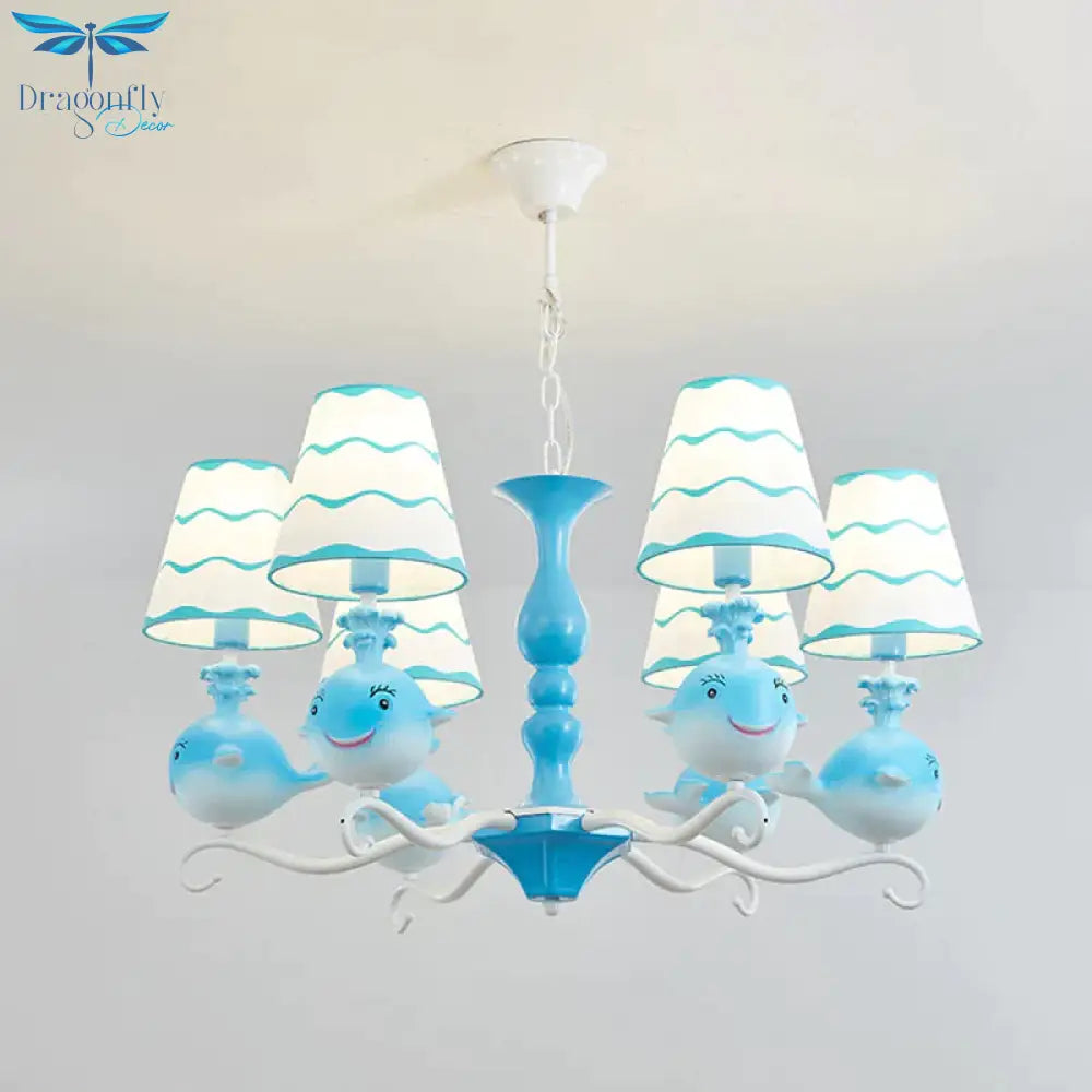 Blue/Pink Whale Shaped Chandelier Light Cartoon 6 Heads Resin Radial Pendant Lamp Fixture With Cone