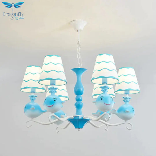 Blue/Pink Whale Shaped Chandelier Light Cartoon 6 Heads Resin Radial Pendant Lamp Fixture With Cone