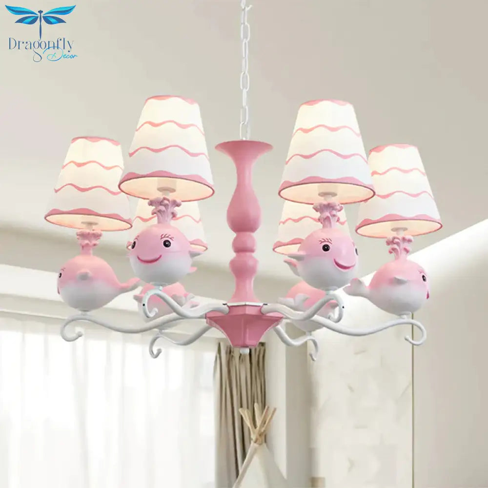 Blue/Pink Whale Shaped Chandelier Light Cartoon 6 Heads Resin Radial Pendant Lamp Fixture With Cone