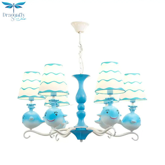 Blue/Pink Whale Shaped Chandelier Light Cartoon 6 Heads Resin Radial Pendant Lamp Fixture With Cone