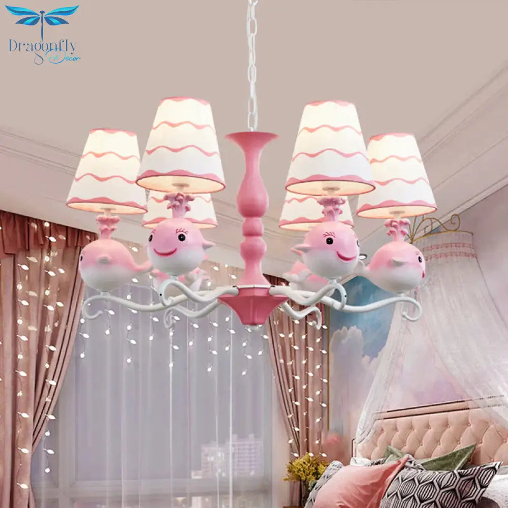 Blue/Pink Whale Shaped Chandelier Light Cartoon 6 Heads Resin Radial Pendant Lamp Fixture With Cone