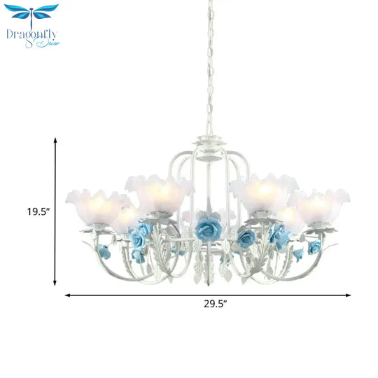 Blue Rose Hanging Pendant Korean Garden White Glass 7 Bulbs Living Room Ceiling Chandelier