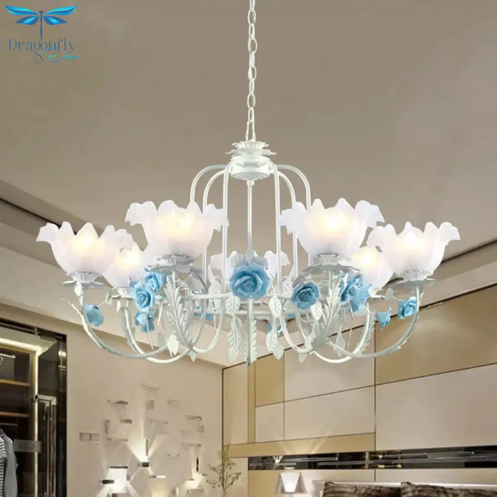 Blue Rose Hanging Pendant Korean Garden White Glass 7 Bulbs Living Room Ceiling Chandelier
