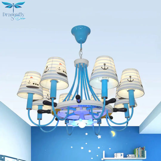 Blue Tapered Shade Hanging Chandelier Seaside Fabric Lights For Living Room