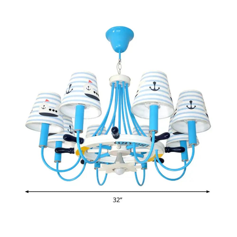 Blue Tapered Shade Hanging Chandelier Seaside Fabric Lights For Living Room