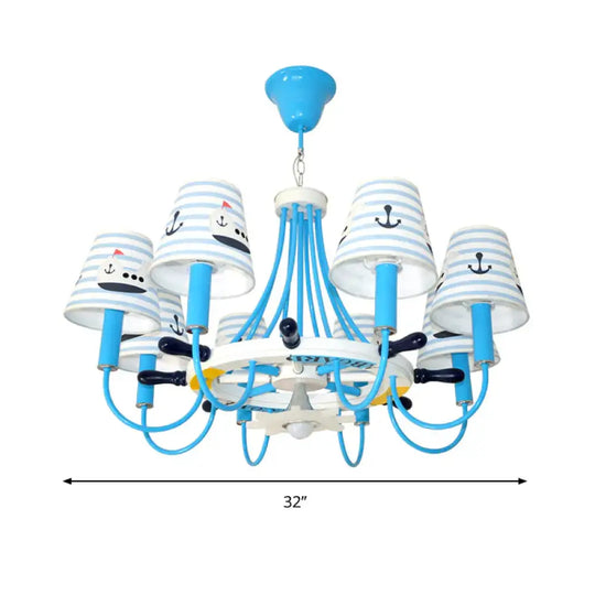 Blue Tapered Shade Hanging Chandelier Seaside Fabric Lights For Living Room