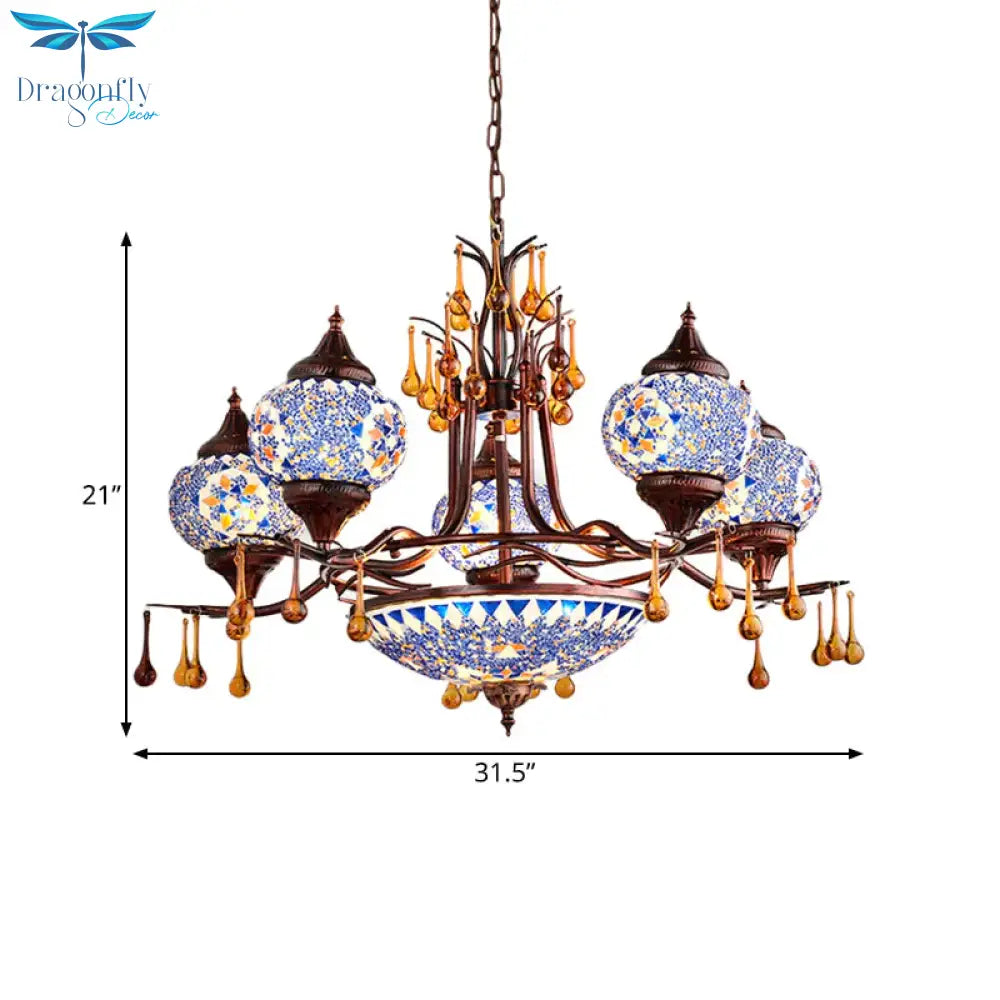 Blue/Yellow 8 Lights Chandelier Lighting Fixture Moroccan Stained Glass Globe Hanging Ceiling Light