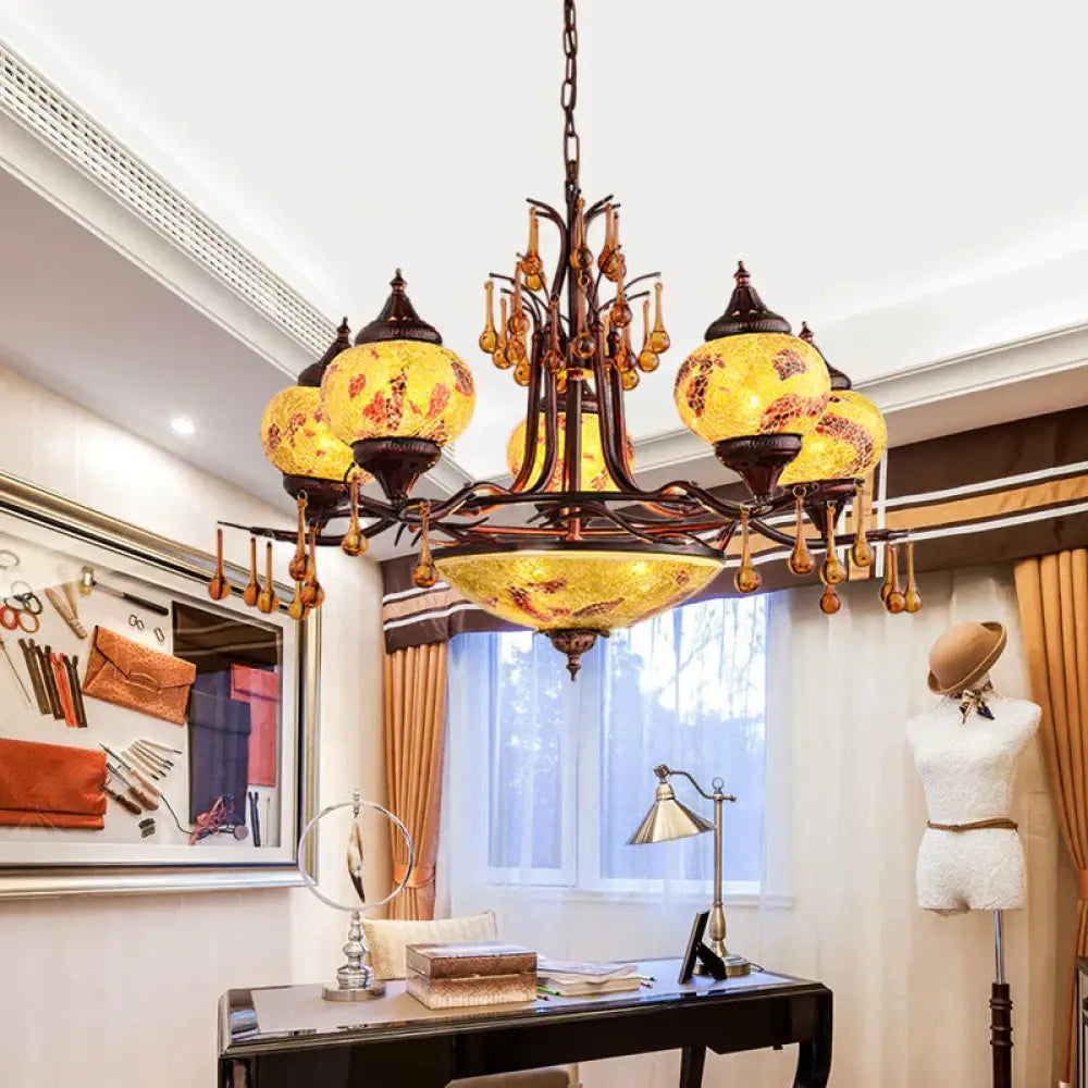 Blue/Yellow 8 Lights Chandelier Lighting Fixture Moroccan Stained Glass Globe Hanging Ceiling Light