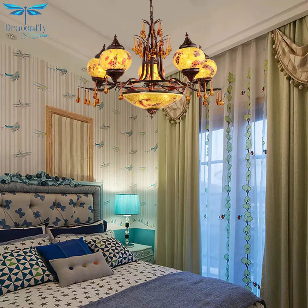 Blue/Yellow 8 Lights Chandelier Lighting Fixture Moroccan Stained Glass Globe Hanging Ceiling Light