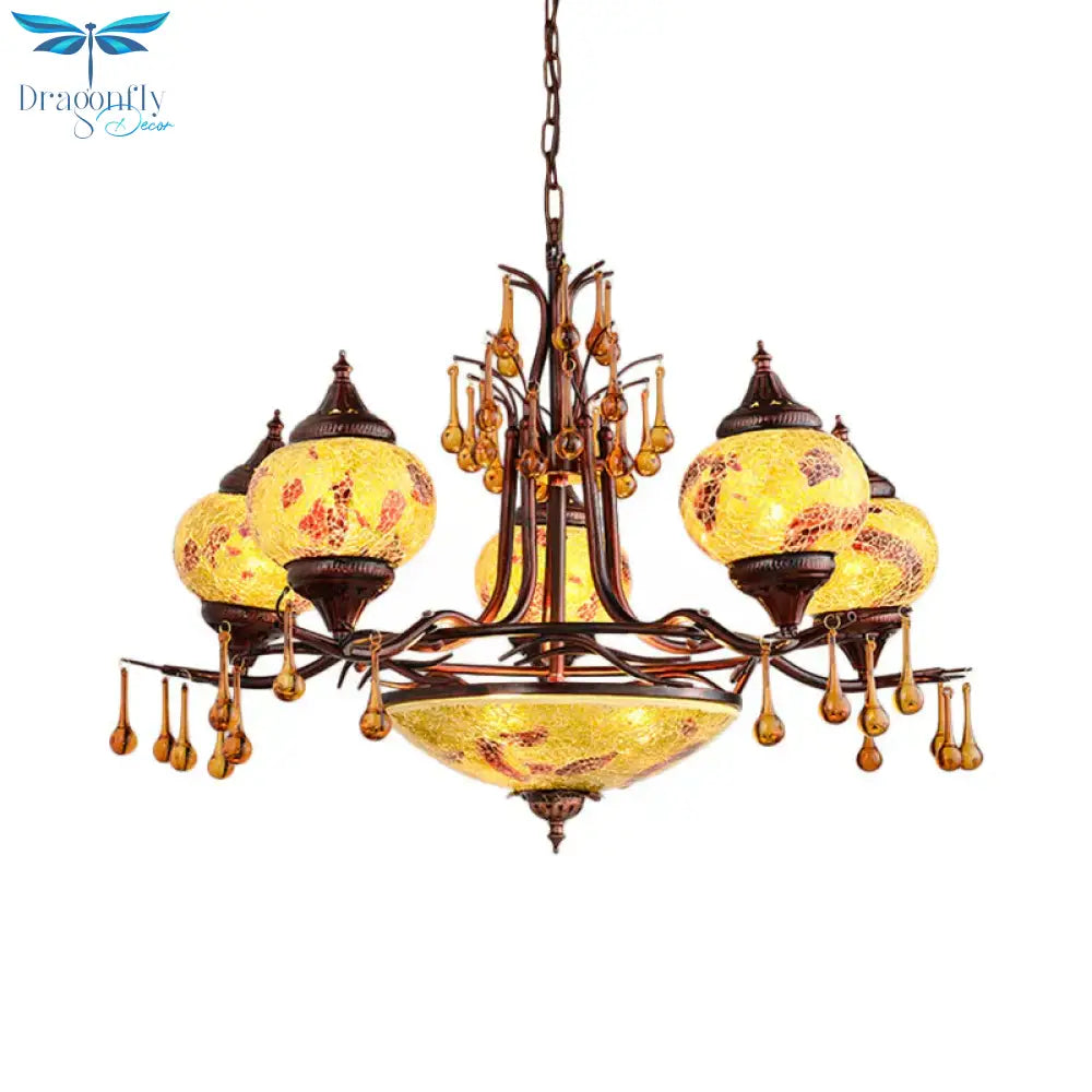 Blue/Yellow 8 Lights Chandelier Lighting Fixture Moroccan Stained Glass Globe Hanging Ceiling Light