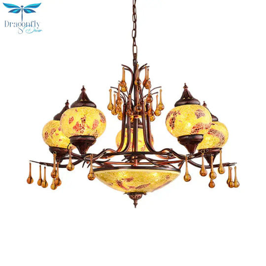 Blue/Yellow 8 Lights Chandelier Lighting Fixture Moroccan Stained Glass Globe Hanging Ceiling Light