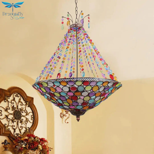Bohemia Antique Copper Pendant Lighting With Bowl Shade 1/3/5 - Bulb Crystal Ceiling Hanging Light