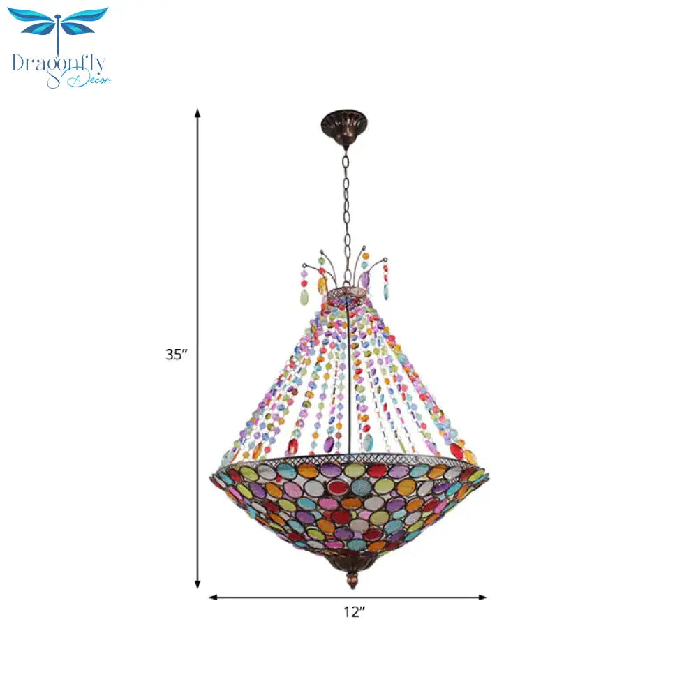 Bohemia Antique Copper Pendant Lighting With Bowl Shade 1/3/5 - Bulb Crystal Ceiling Hanging Light
