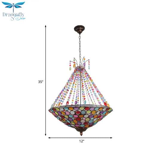 Bohemia Antique Copper Pendant Lighting With Bowl Shade 1/3/5 - Bulb Crystal Ceiling Hanging Light