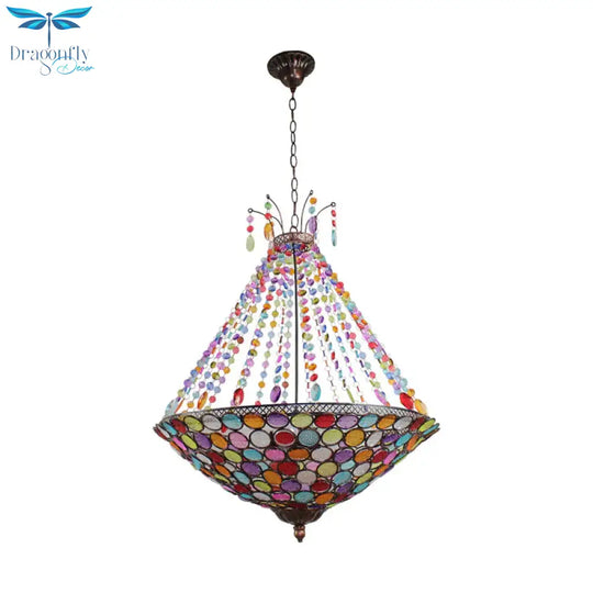 Bohemia Antique Copper Pendant Lighting With Bowl Shade 1/3/5 - Bulb Crystal Ceiling Hanging Light