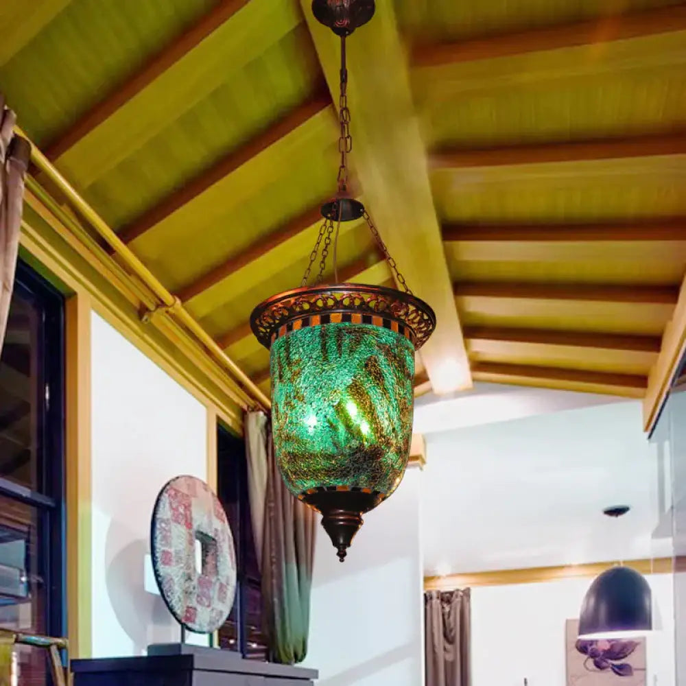 Bohemian Urn Chandelier Light 2 Bulbs Stained Art Glass Pendant Lighting Fixture In Blue For