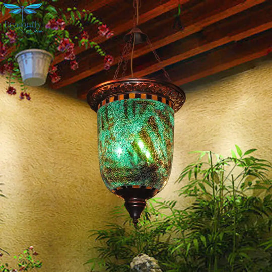 Bohemian Urn Chandelier Light 2 Bulbs Stained Art Glass Pendant Lighting Fixture In Blue For