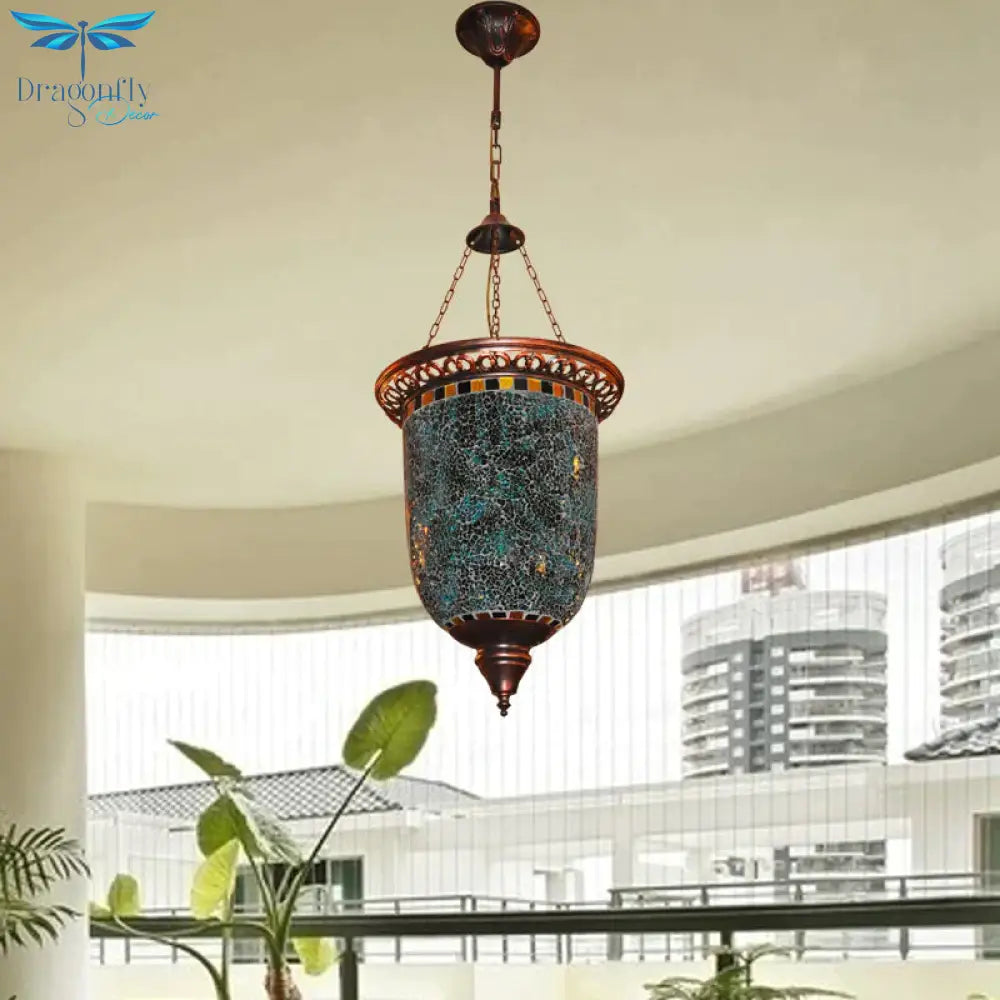 Bohemian Urn Chandelier Light 2 Bulbs Stained Art Glass Pendant Lighting Fixture In Blue For