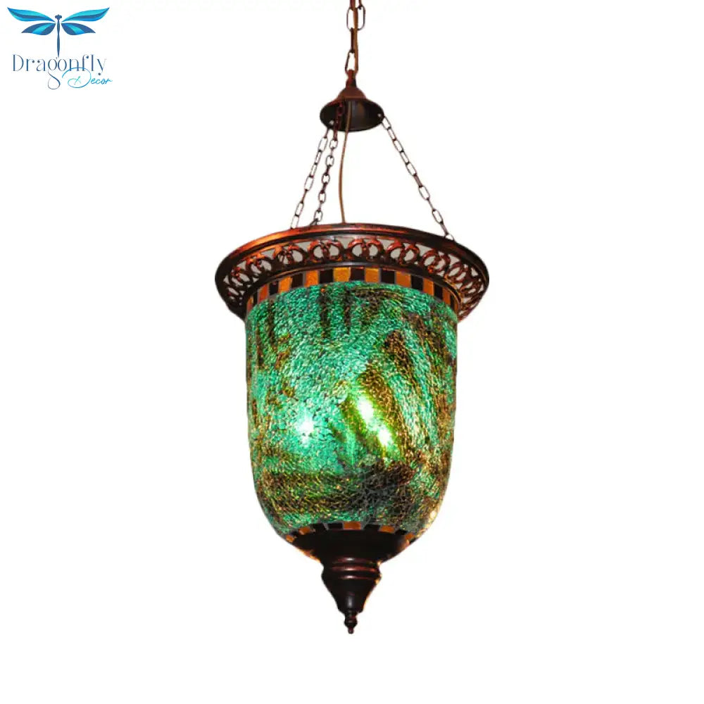 Bohemian Urn Chandelier Light 2 Bulbs Stained Art Glass Pendant Lighting Fixture In Blue For