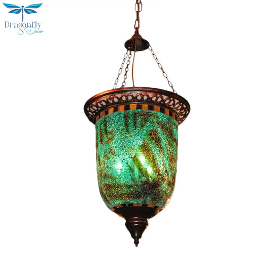 Bohemian Urn Chandelier Light 2 Bulbs Stained Art Glass Pendant Lighting Fixture In Blue For