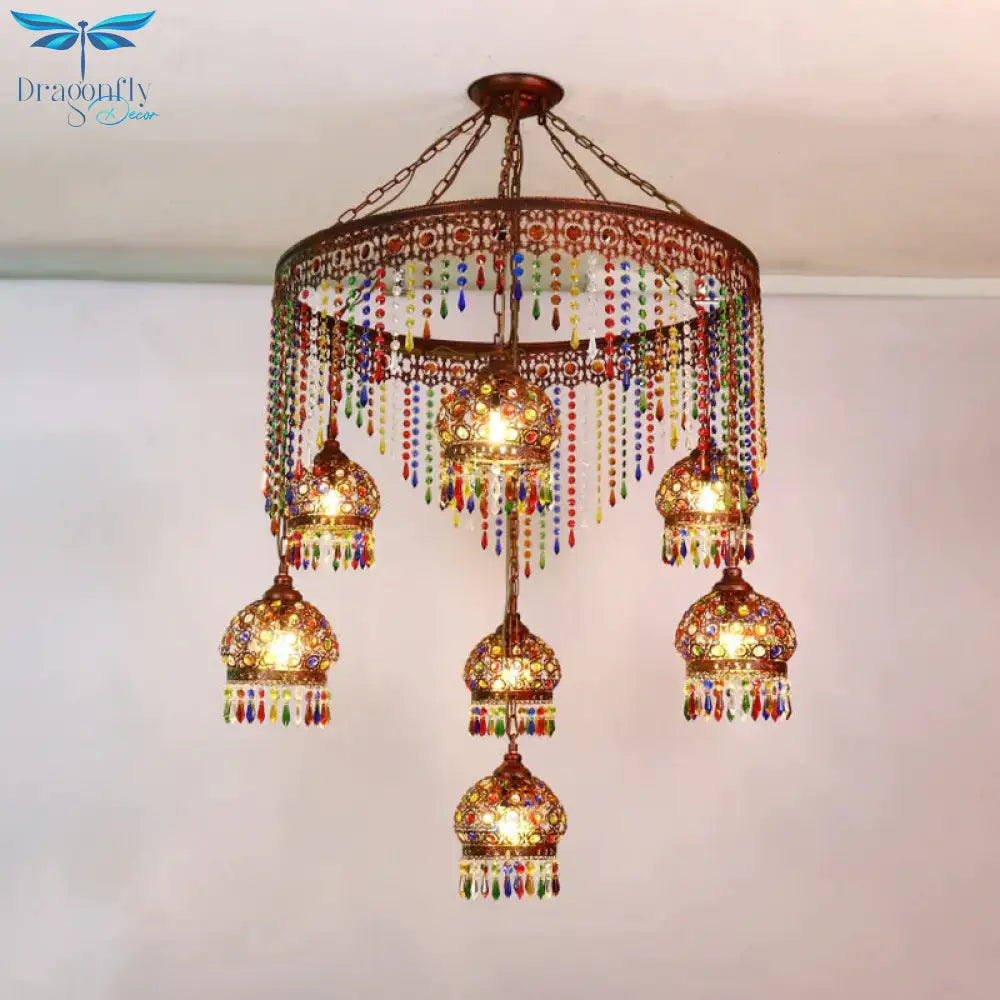 Bohemian Wagon Wheel Pendant Chandelier 4/7 Bulbs Metal Down Lighting In Brass For Restaurant