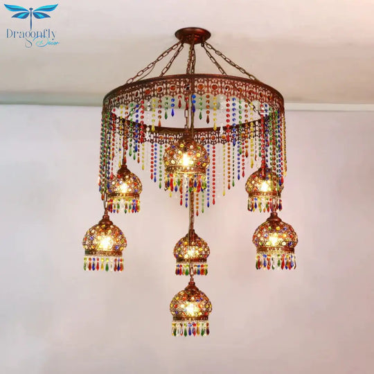 Bohemian Wagon Wheel Pendant Chandelier 4/7 Bulbs Metal Down Lighting In Brass For Restaurant