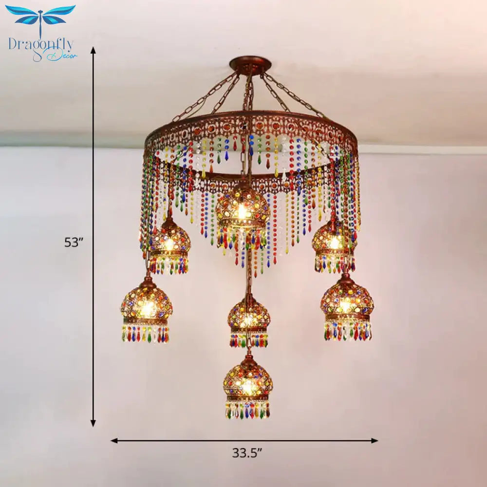 Bohemian Wagon Wheel Pendant Chandelier 4/7 Bulbs Metal Down Lighting In Brass For Restaurant