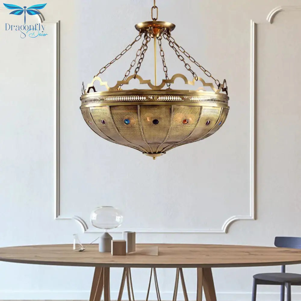 Bowl Bedroom Chandelier Lighting Arab Metal 6 Bulbs Brass Hanging Ceiling Light With Bead Decor
