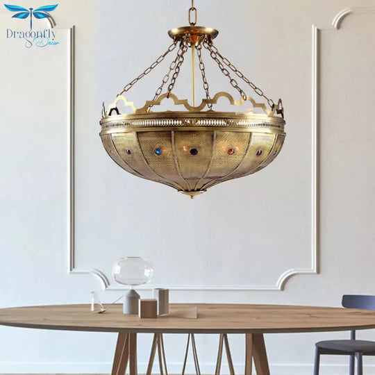 Bowl Bedroom Chandelier Lighting Arab Metal 6 Bulbs Brass Hanging Ceiling Light With Bead Decor