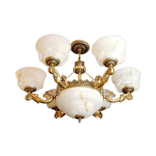 Bowl Dining Room Drop Lamp Antiqued White Glass 9 - Light Brass Chandelier Light Fixture